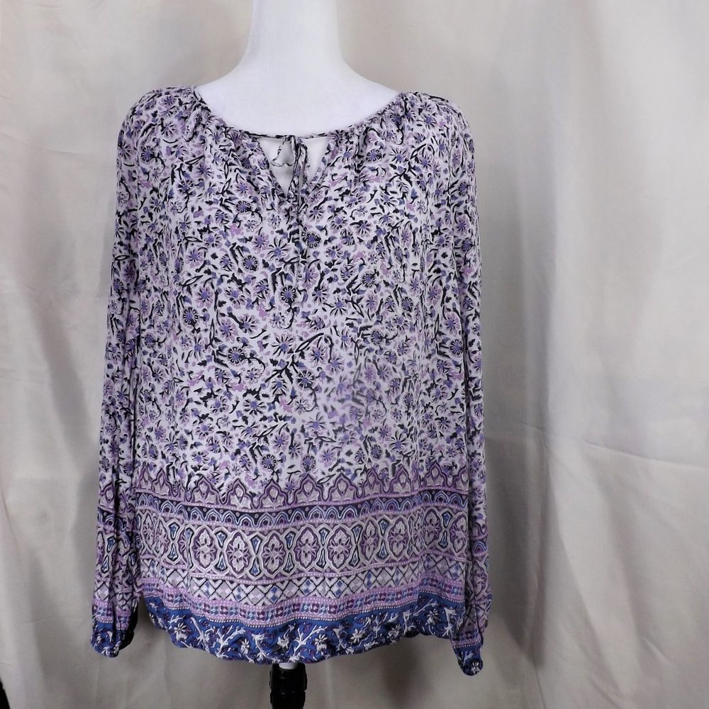 NWOT Lucky Brand Violet Floral w Blue Trim Oversize Loose Fit Peasant Top XL